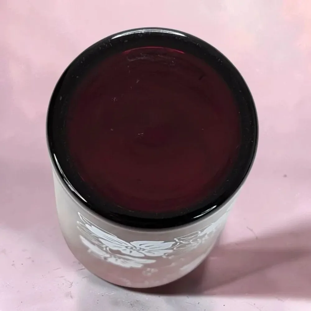 Vintage Anchor Hocking Ruby Red Glass Tumbler Cup White Floral Pattern 5 Inch